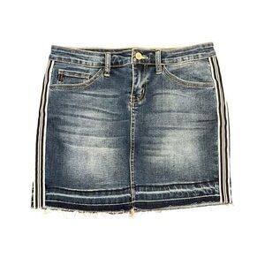 Denim Skirt With Black & White Stripe Ribbon